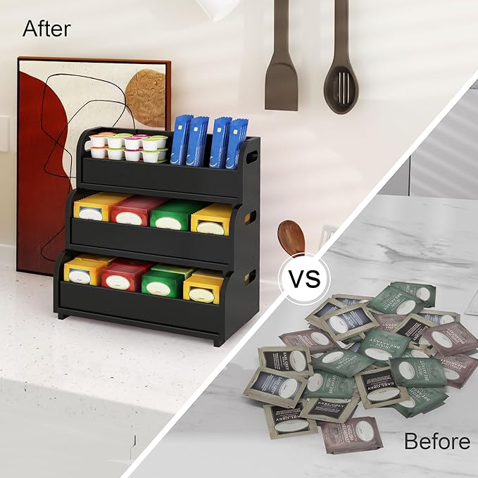 Wisuce Tea Holder for Tea Bags Organizer - Black Bamboo Tea Organizer for Tea Bags 3-Tier Stackable Wall Mount Large Capacity Tea Storage Box to Pantry Countertop Kitchen Office