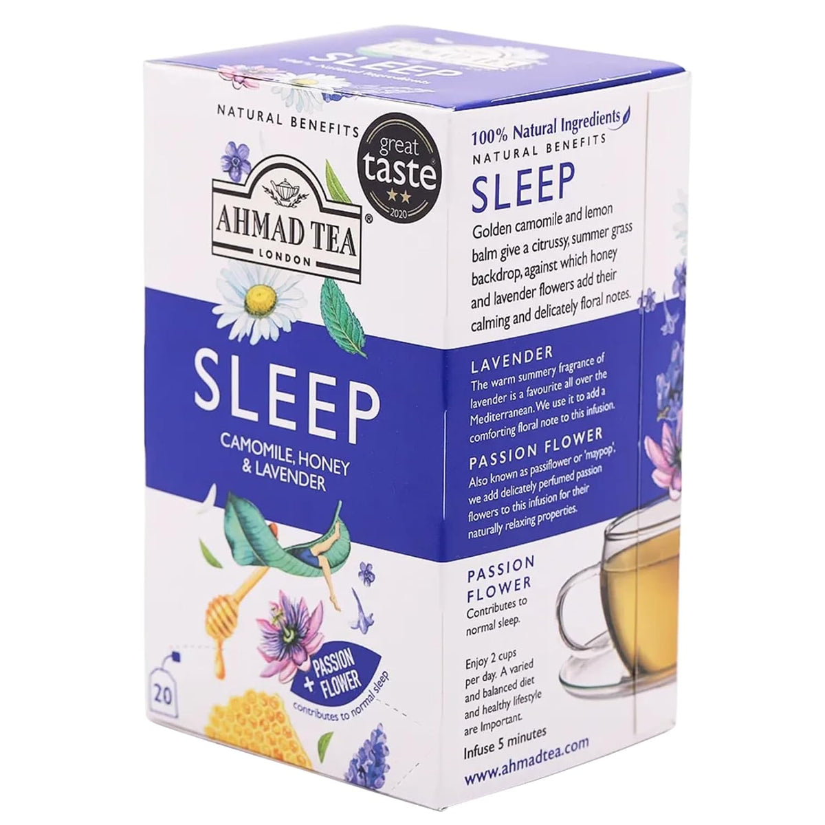 Ahmad Tea Herbal Tea, Camomile, Honey, &amp; Lavender 'Sleep' Natural Benefits Teabags, 20 ct (Pack of 1) - Decaffeinated &amp; Sugar-Free