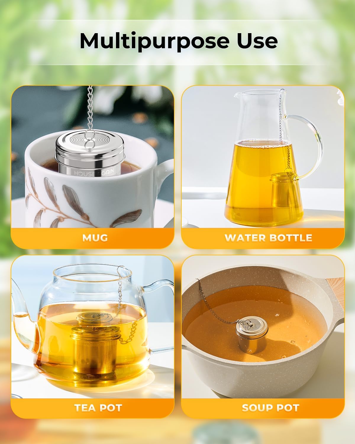 HOUSE AGAIN Tea Infuser, Extra Fine Mesh Tea Strainers for Loose Tea, 18/8 Stainless Steel Tea Strainer with Extended Chain Hook, Tea Steeper for Brew Tea, Spices &amp; Seasonings for Single Cup, 1 Pack