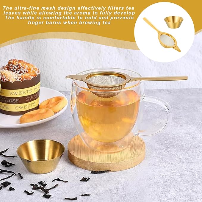 2.2" Gold Matcha Sifter,30 Fine Mesh T304 Stainless Steel Matcha,Small Sifter,Strainer With Handle And Base,Mini Strainer,Metal Tea Strainer For Loose Tea Coffee Cocktail
