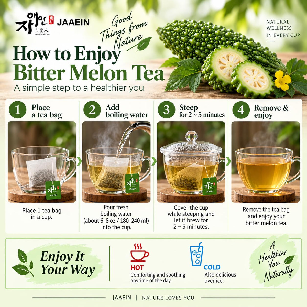 JaAeIn Bitter Melon Tea Natural Pure Korean Gohyah Fruit Tea Ampalaya Karela Leaves No Sugar, Caffeine Free, Gluten Free