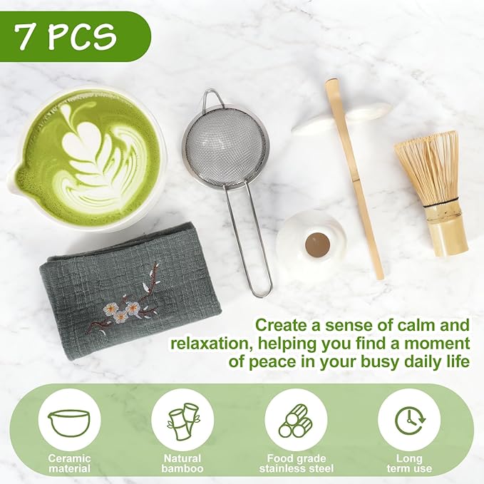 Topchances 7Pcs Matcha Whisk Set,Ceramic Matcha Tea Set Includes Whisk Matcha Bowl Scoop and Whisk with Holder Sifter Towel