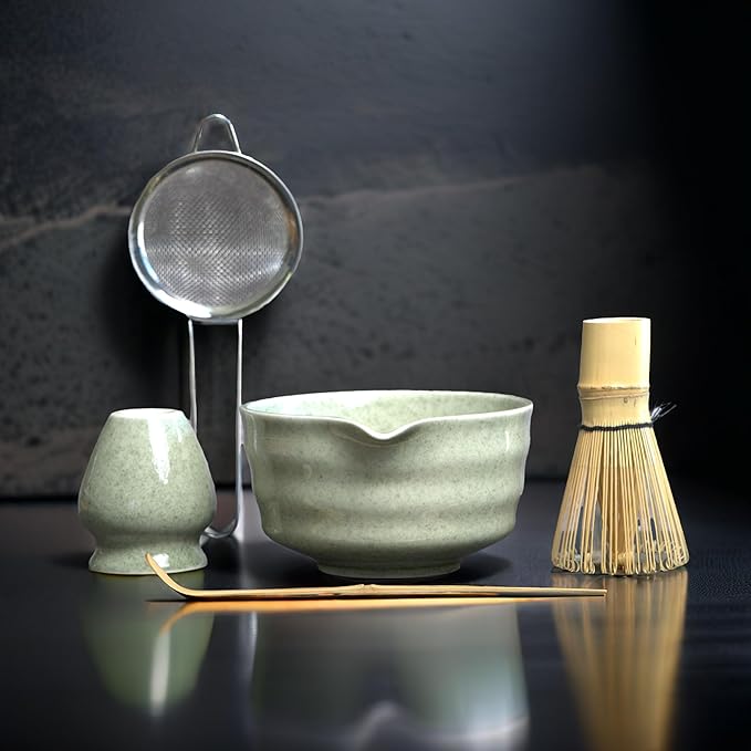 Matcha Whisk Set, Matcha Set, Handcrafted Bamboo Chasen & Ceramic Bowl Matcha Kit, 5 Pcs Matcha Set Whisk and Bowl with Stainless Steel Sifter