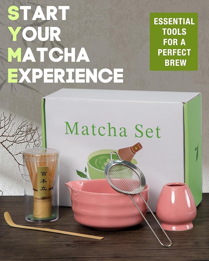 5PCS Pink Matcha Set - 17OZ Ceremonial Bowl with Spout, Bamboo Whisk (Chasen), Stainless Sifter, Scoop & Holder, Matcha Kit for Matcha Lovers, Pink