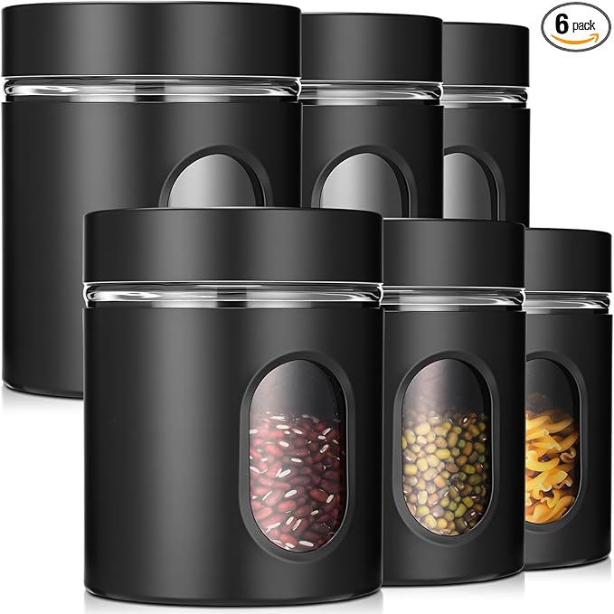 Patelai 6 Pack Kitchen Canisters Set 20 oz Airtight Stainless Steel Canister Food Storage Container with Window Glass, Coffee Sugar Candy Jars Tea Organizer for Flour Cookies Spice Kitchen (Black)