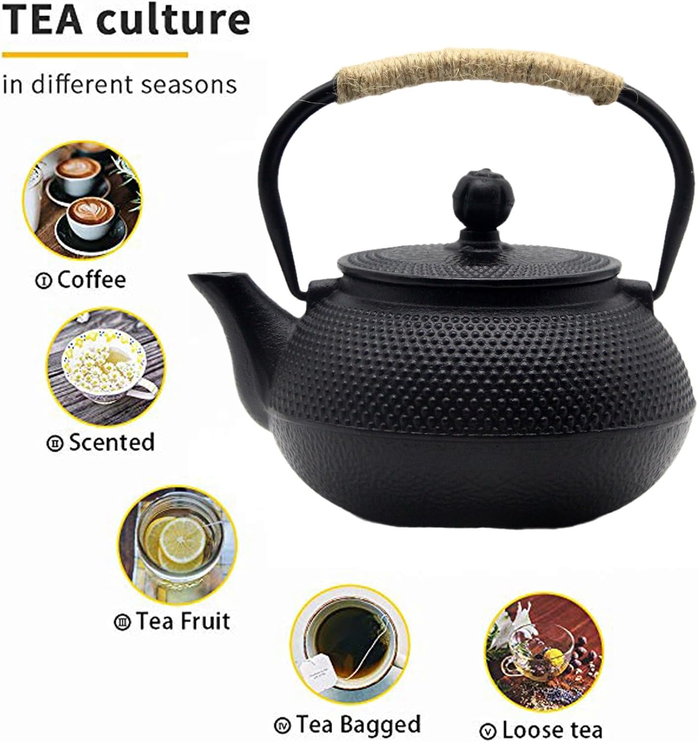 20.3oz Small Cast Iron Teapot Set with Warmer, Japanese Black Tea Kettle for Stovetop Safe, Teapot and Cups Set, Tea Pot with Stainless Steel Infuser for Loose Tea(600ml)