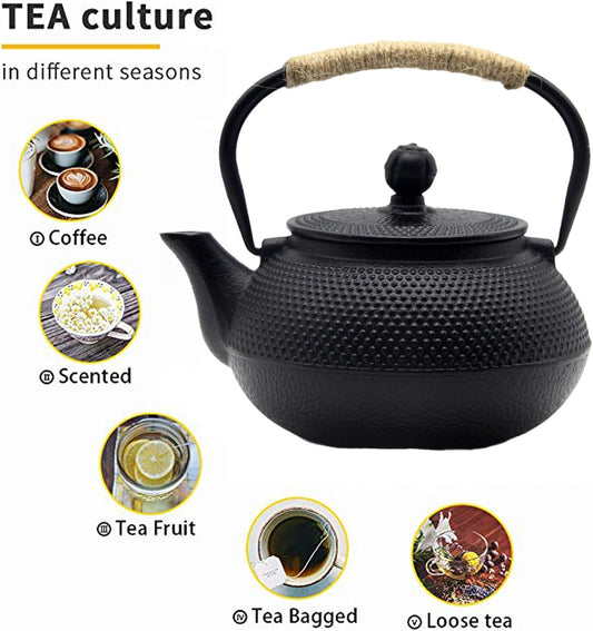20.3oz Small Cast Iron Teapot Set with Warmer, Japanese Black Tea Kettle for Stovetop Safe, Teapot and Cups Set, Tea Pot with Stainless Steel Infuser for Loose Tea(600ml)