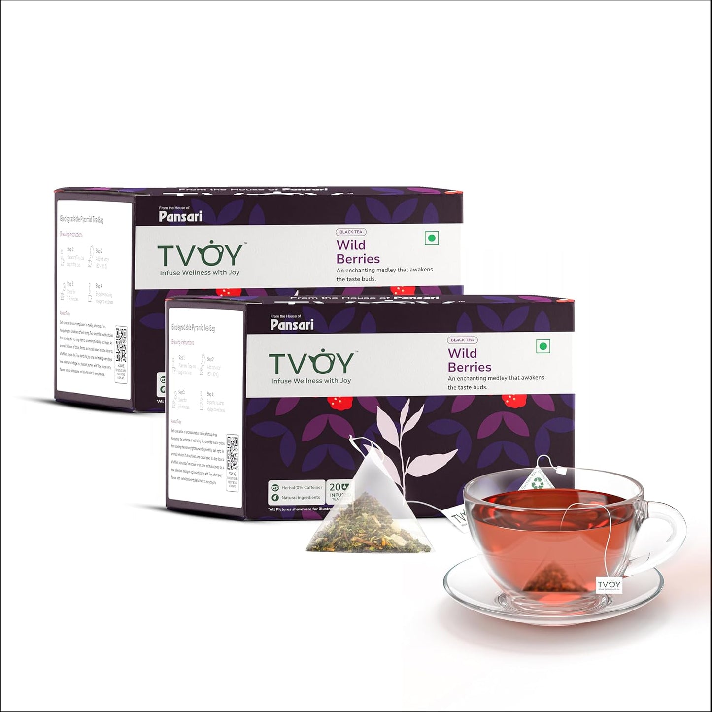Tvoy Wild Berry Black Tea Bags – Premium Black Tea with Fruity Wild Berry Flavor – Plant-Based PLA Tea Bags – 40 Individually Wrapped Bags