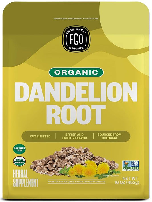 FGO Organic Dandelion Root Loose Tea, Cut and Sifted, Caffeine Free, 16oz Bulk Resealable Bag, Packaging May Vary (Pack of 1)