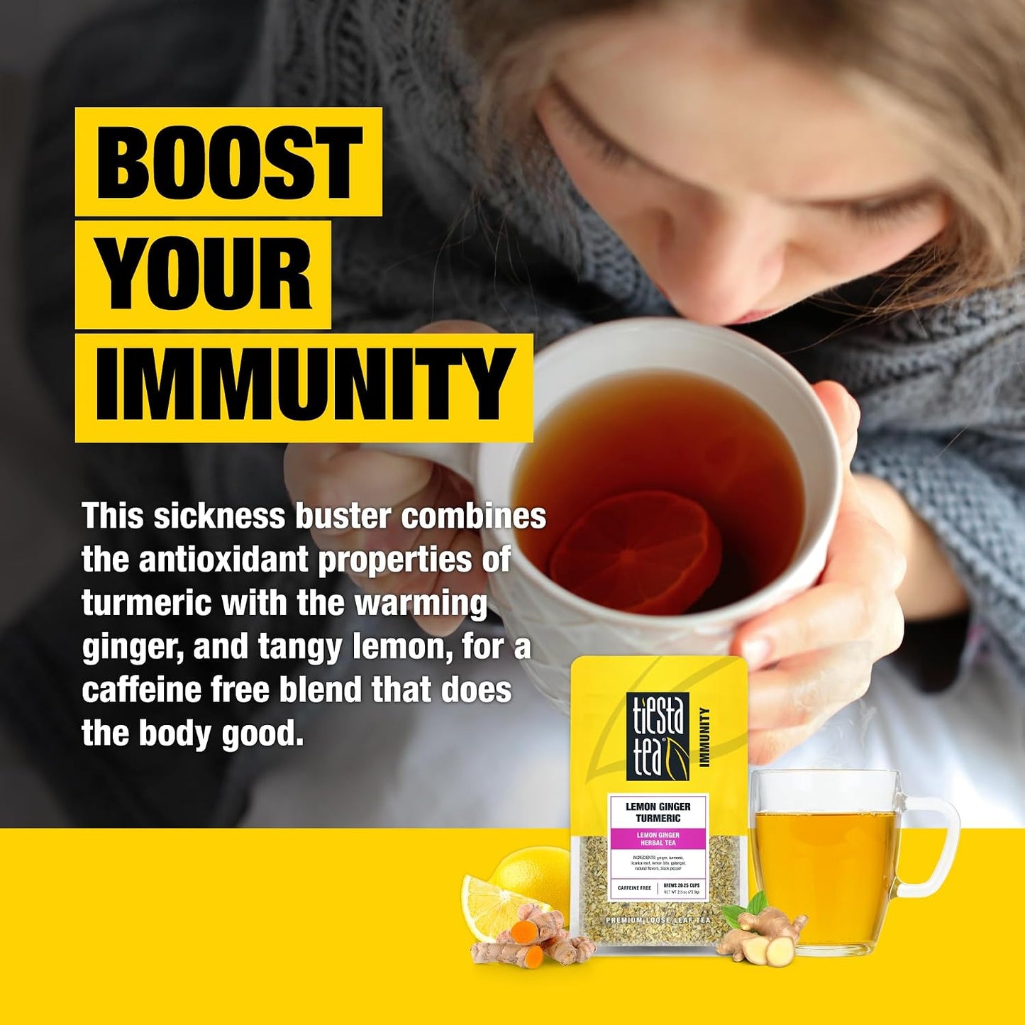 Tiesta Tea - Lemon Ginger Turmeric, Loose Leaf, Lemon Ginger Herbal Tea | Premium Blend, Non Caffeinated Herbal, Make Hot or Iced Brews Up to 25 Cups, 2.5 Ounce Resealable Pouch