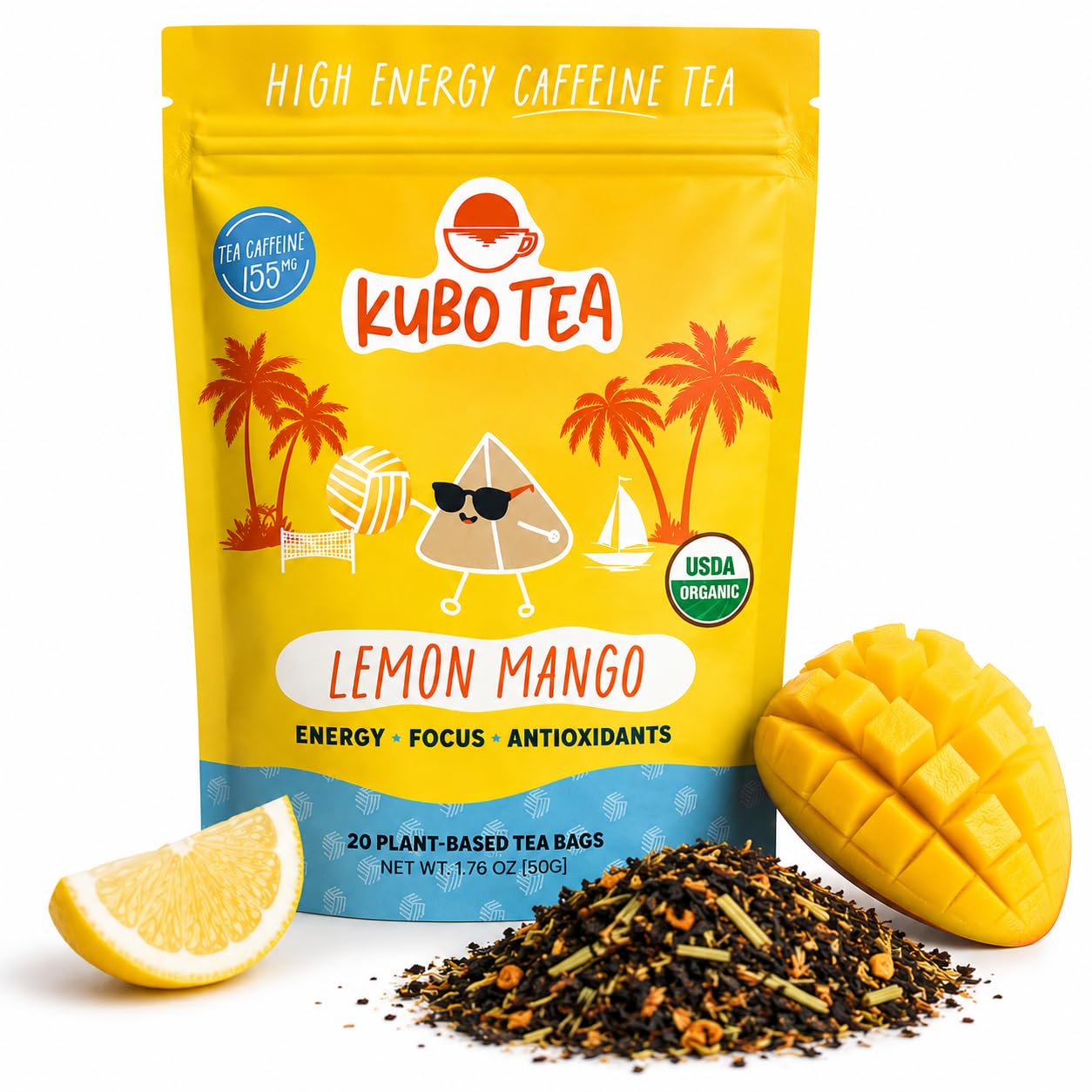 Kubo Tea High Caffeine Black Tea, Organic Lemon Mango, 20 Count | Lemongrass, Dried Mango, Organic, High Caffeine Black Tea
