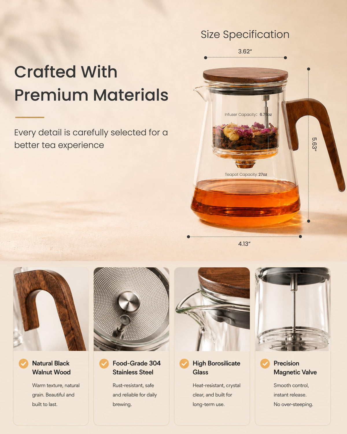 ZENS Magnetic Glass Infuser Teapot for Loose Leaf Tea, 27oz Magic Tea Pot