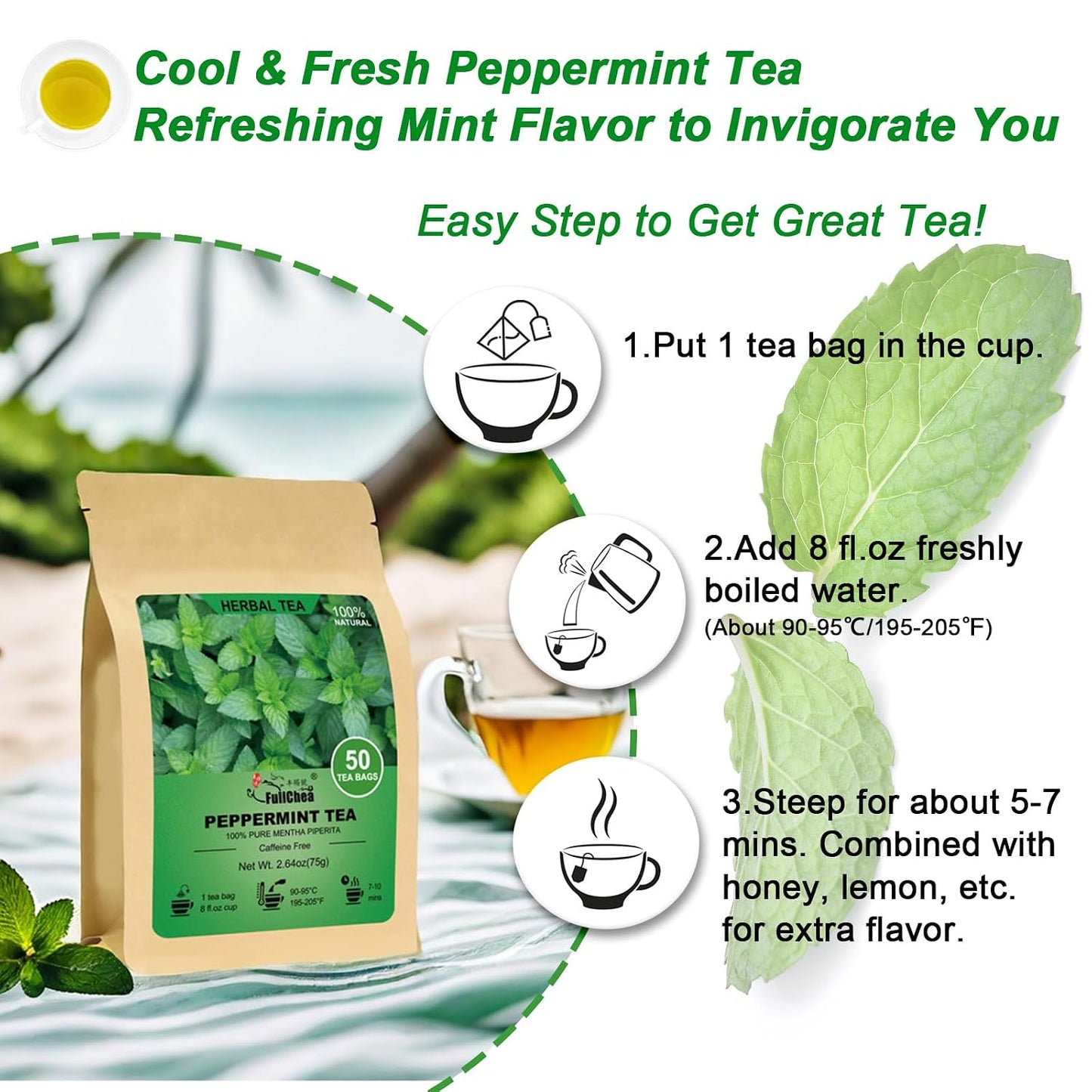 FullChea Peppermint Tea Bags, 50 Counts, Te De Menta, Non-GMO | Pure Menta Piperita, Refreshing &amp; Minty, Caffeine-Free, Freshen Breath &amp; Aid Digestion, No Additives, Resealable Pouch