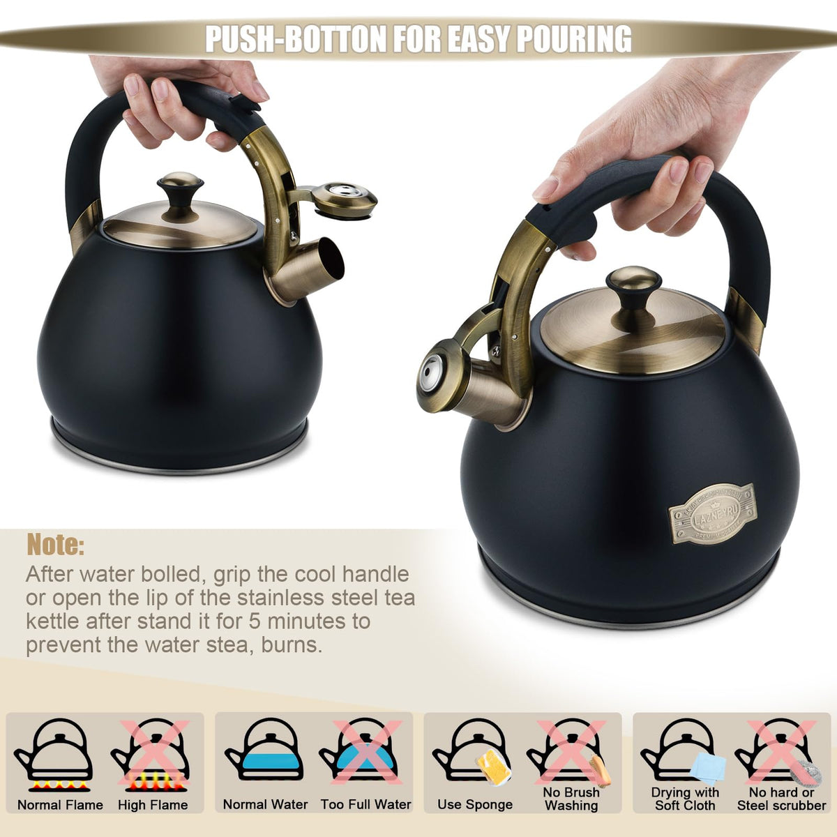 Lazneyru Tea Kettle Stovetop Whistling Kettle Teapot, 3Quart Tea Pot Stainless Steel Teakettle for Stove Top with Heat Proof