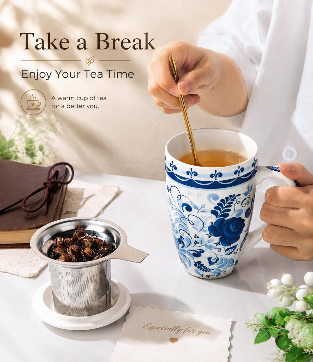 GBhome Tea Mug with Infuser and Lid,18 oz Loose Leaf Tea Cup with Steeper