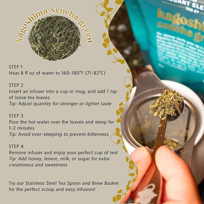 Japanese Sencha Green Tea, Organic Loose Leaf Sencha Tea – Antioxidant & Detox Support – Refreshing Hot or Iced Green Tea – 4 oz Resealable Bag (Makes 50 Cups) – The Elegant Elephant