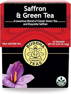 Buddha Teas - Saffron & Green Tea - For Health & Wellbeing - Wild Crafted Tea - With Antioxidants & Minerals - Clean Ingredients - Caffeinated - OU Kosher - 18 Tea Bags (Pack of 1)