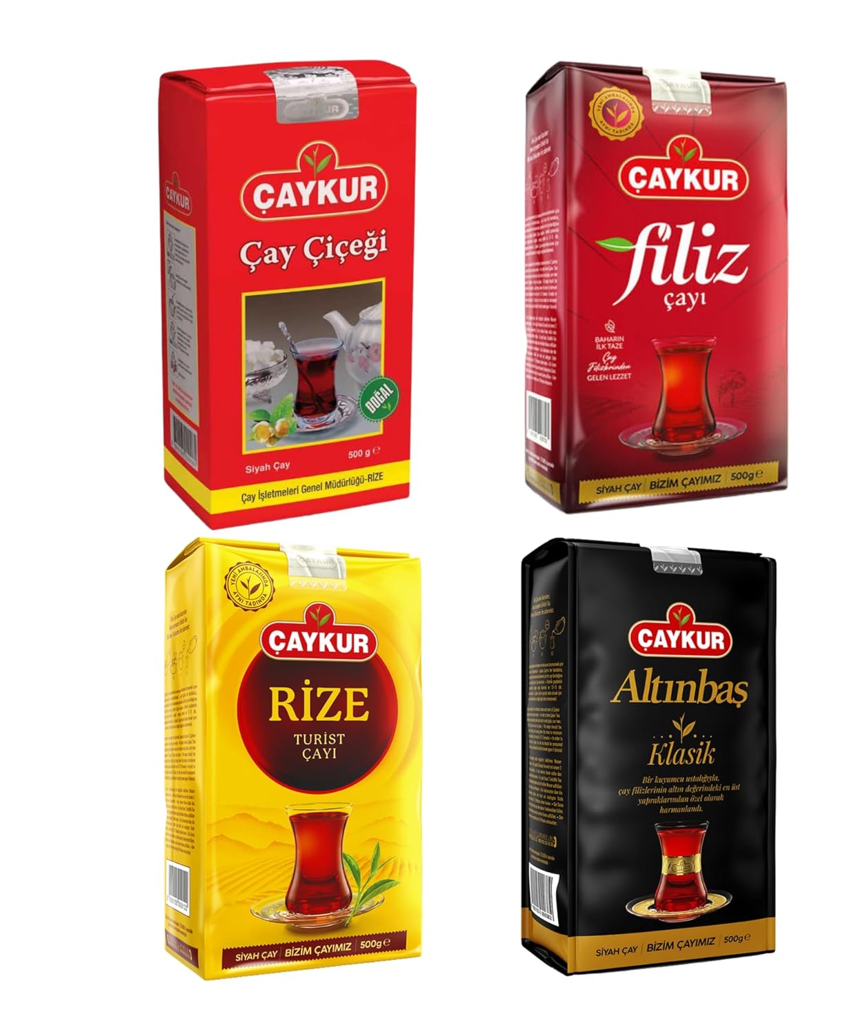 Çaykur Premium Turkish Black Tea Bundle, Filiz, Caycicegi, Altinbas & Rize, Traditional Loose Leaf Black Tea, Set of 4 each 500g / 17.6 Oz
