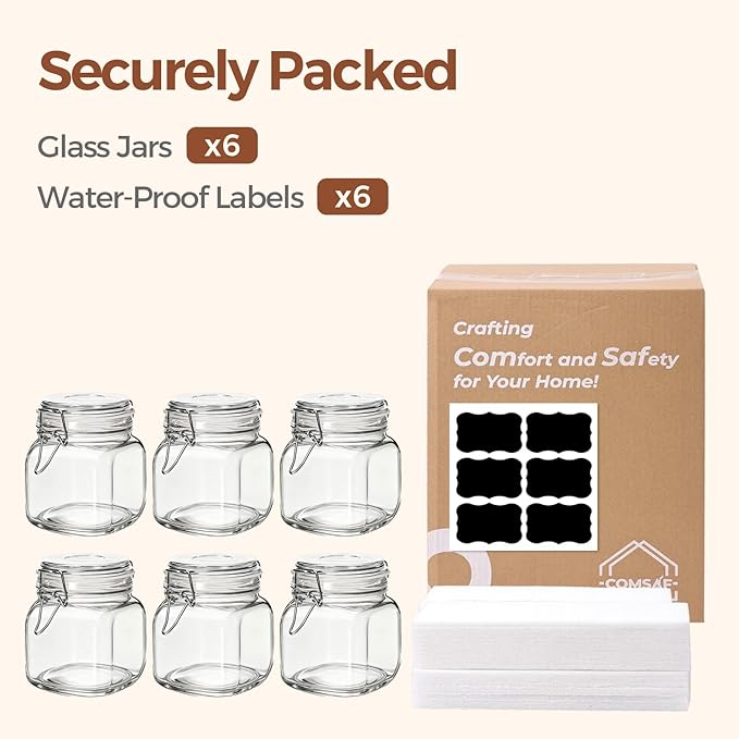 ComSaf 27oz Airtight Glass Canisters with Lids Set of 6, Square Food Storage Jar Container with Clamp Lids for Kitchen Canning Cereal Coffee Pasta Sugar Beans Spice, Clear Mason Jars with 12 Labels