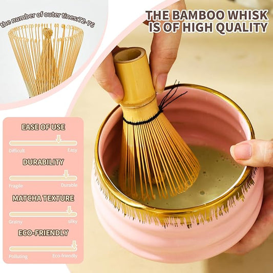 7-Piece Matcha Set: Matcha Bowl + Bamboo Whisk Kit, Ceremonial Matcha Whisk Tools with Golden Texture Details, Japanese Tea Ceremony Starter Kit, Unique Matcha Gift (pink)