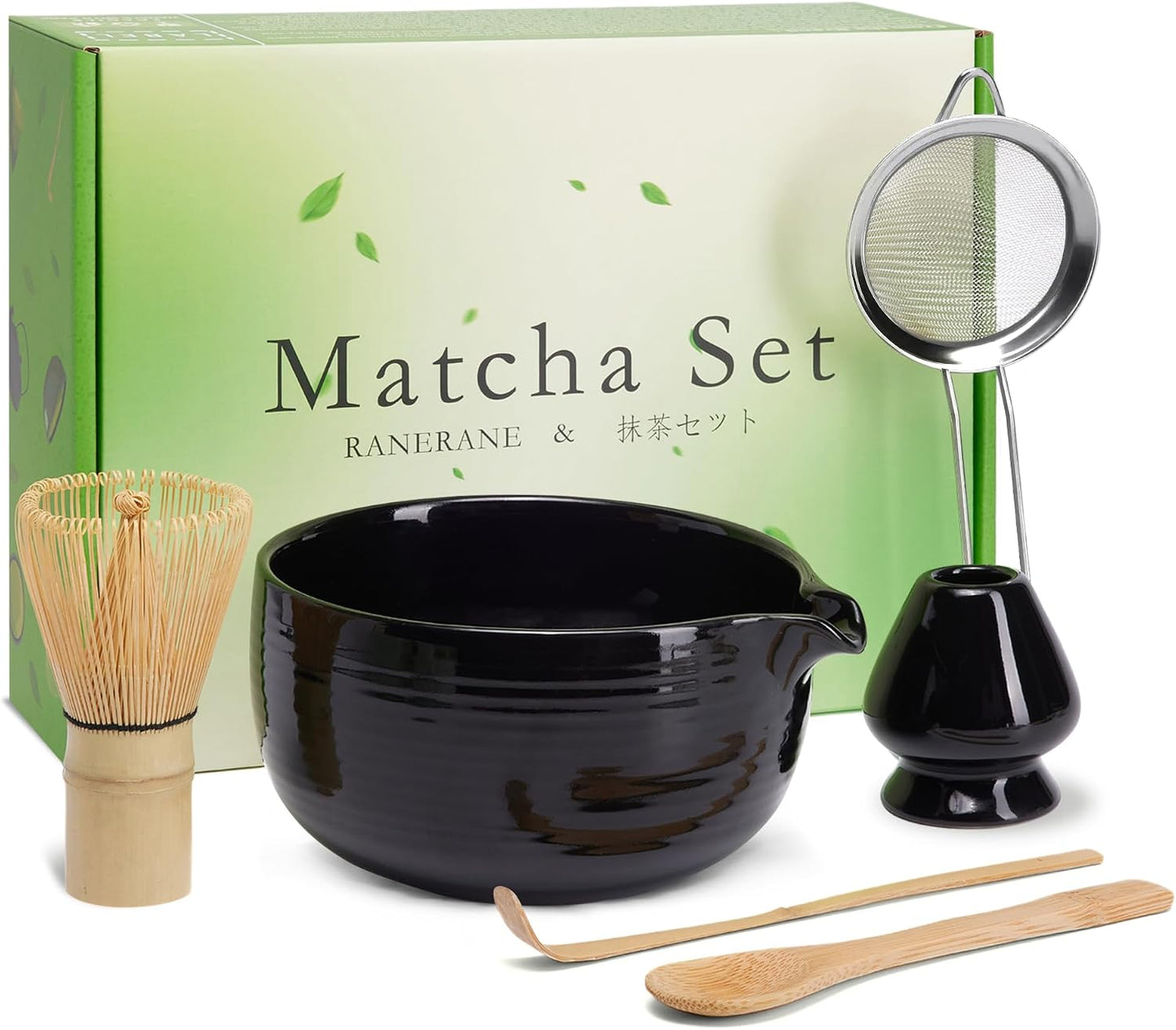Matcha Bowl and Whisk Set,Bamboo Matcha Whisk,Matcha Spoon and Scoop Handmade,Matcha Sifter and Ceramic Matcha Whisk Holder for Matcha Maker Black, Normal, ZYMC6Pcs01-Black