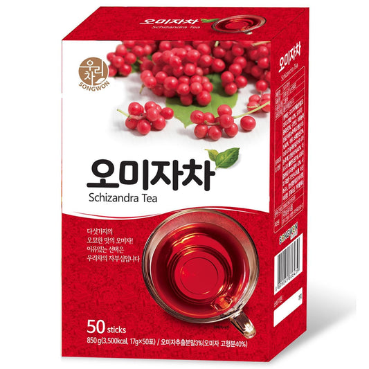 SONGWON Omija Tea Blend with Schisandra, Pomegranate &amp; Aronia – Sweet &amp; Fruity Korean Instant Tea, Convenient Stick Packs for Hot or Cold, 29.98 oz (17g x 50 Sticks)