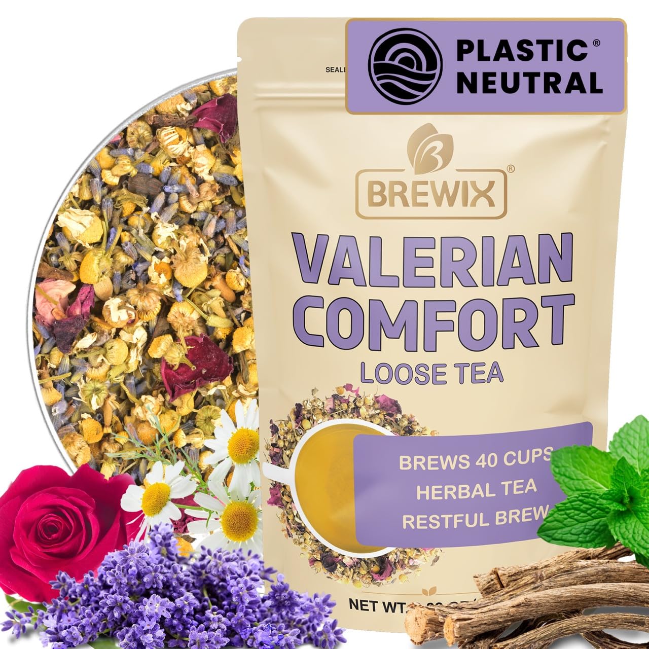 BREWIX, Valerian Comfort Tea for Sleep and Relaxation (40+ Cups, 2.82oz/80g) Caffeine-Free and Calming for Bedtime | Valerian Root, Chamomile &amp; Lavender | Perfect Wellness Sleep