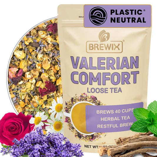 BREWIX, Valerian Comfort Tea for Sleep and Relaxation (40+ Cups, 2.82oz/80g) Caffeine-Free and Calming for Bedtime | Valerian Root, Chamomile &amp; Lavender | Perfect Wellness Sleep