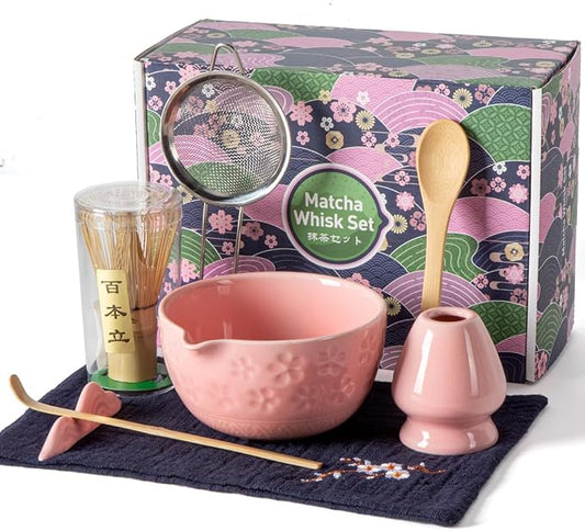 Pink Sakura Matcha Whisk Set, 8 PCS Pink Sakura Matcha Set Kit, Japanese Ceremonial Matcha Set Whisk and Bowl with Spout, Matcha Gift/Accessories
