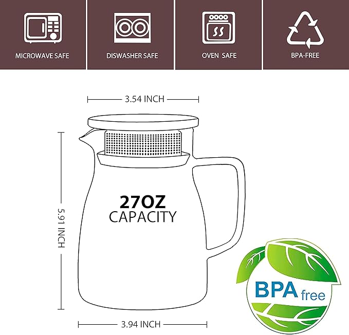 Cnglass One-Touch Glass Teapot, 27oz(800ml) Glass Tea Kettle with Stainless Steel Filter Lid, Stovetop Safe Loose Leaf Tea Maker