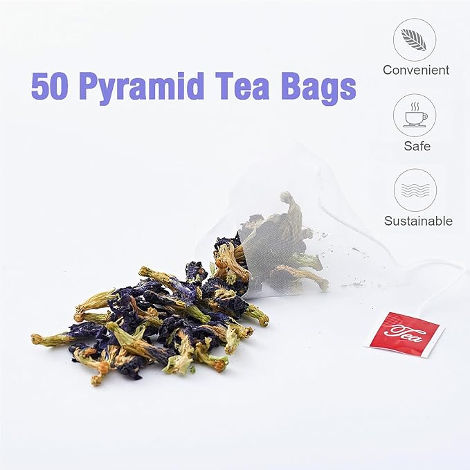 50 Dried Blue Butterfly Pea Flower Tea Bags, Thai Herbal Tea, Blue Purple Pea Tea, Caffeine-Free, Gluten-Free, Non-GMO, Ideal for Cooking, Iced Tea