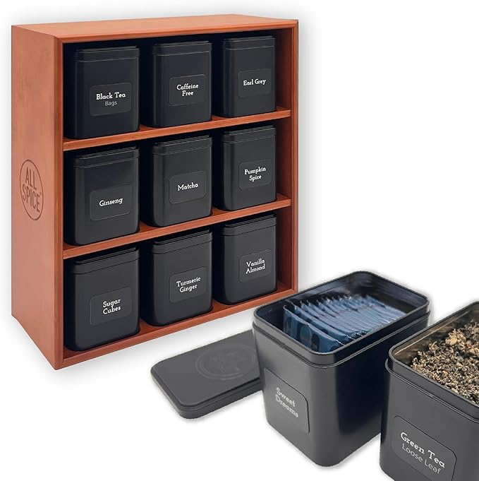 AllSpice Tea Organizer Rack with 9 Tins & 160 Magnetic Labels – Perfect for Bagged & Loose Leaf Tea 