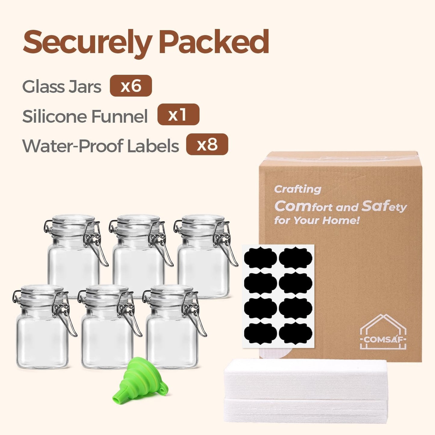 ComSaf Square Glass Spice Jars 4 oz 6 Pack with Labels and Funnel Set | Airtight clamp lids, eight labels, compact canisters for dried herbs, seasoning blends, seeds, tea, jam and organized refills