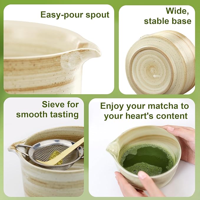 Matcha Whisk Set, 6 PCS Tools, Includes Ceramic Matcha Bowl, Whisk and Holder, 2PCS Bamboo Scoops, Sifter, Great Gift for Festivals