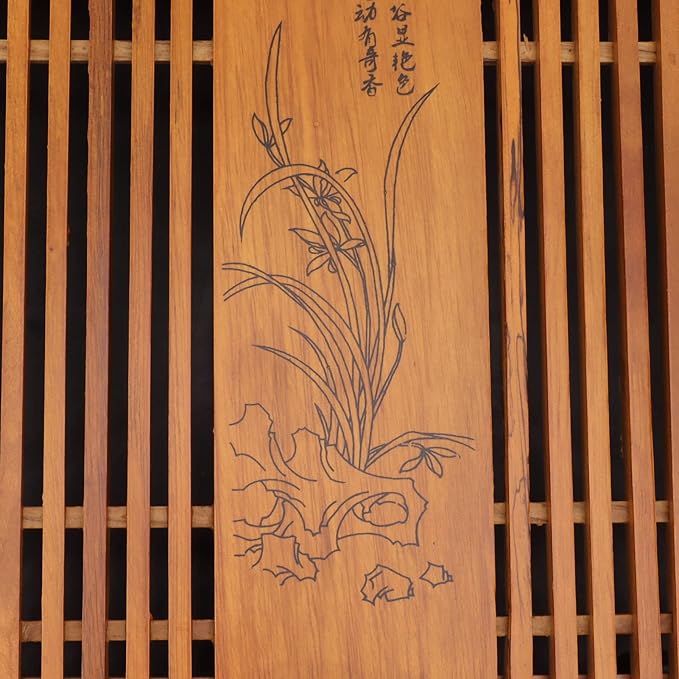 Kungfu Tea Tray Chinese Gongfu Tea Tray Drainage Water Storage Wood Tea Table with Drain Pipe (Yellow Orchid)