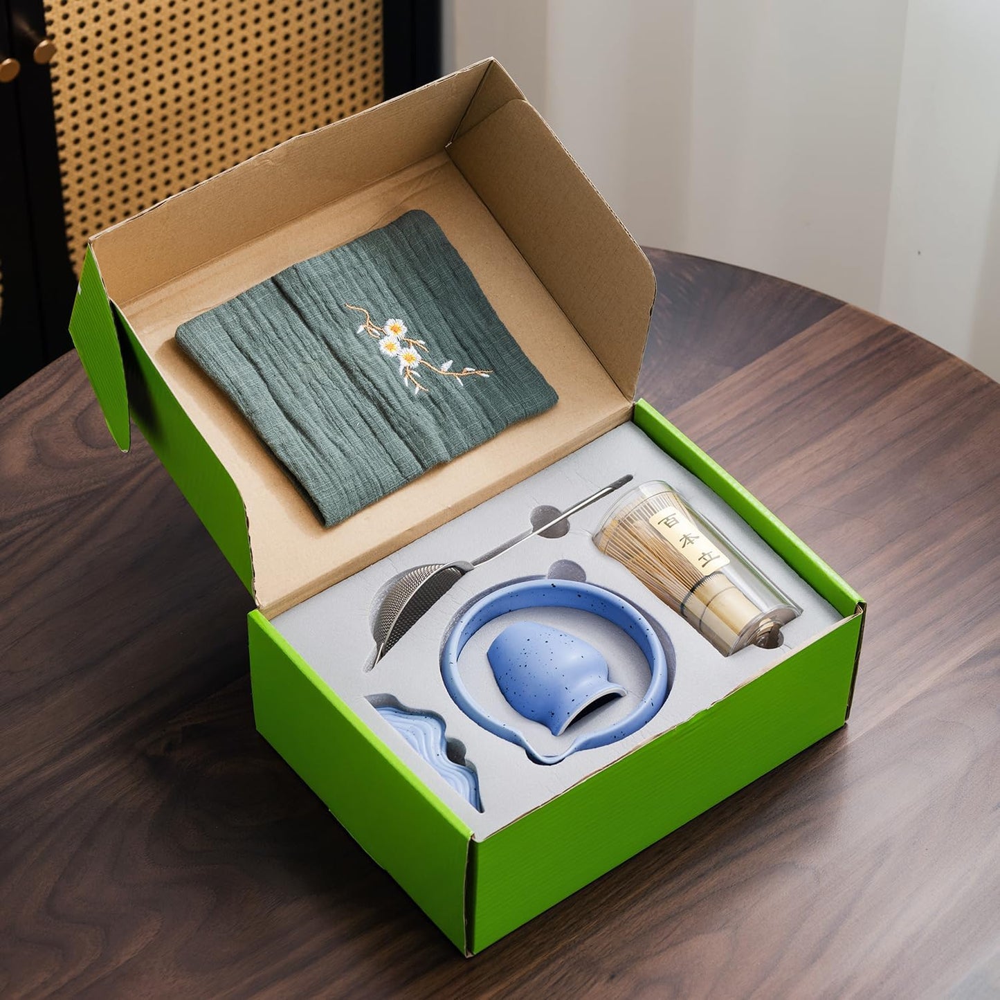 7Pcs Japanese Matcha Tea Set, Matcha Kit with Matcha Bowl (with Pouring Spout), Matcha Whisk, Whisk Holder, Strainer - Elegant Matcha Set for Gifting and Personal Use, Gift Box Packaging (blue)