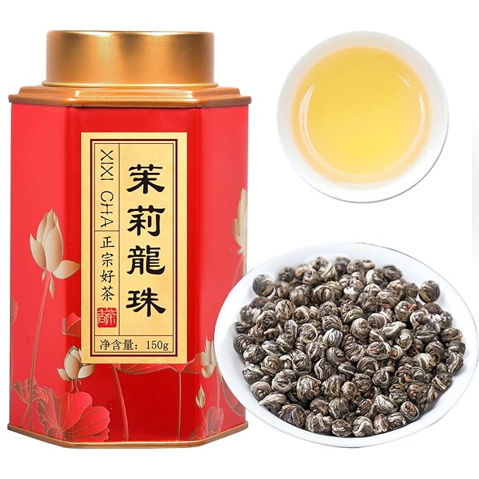 XIXICHA Jasmine Pearls Tea Jasmine Green Loose Leaf Dragon Balls Grade AAA 5.3oz/150g Long-lasting Natural Aroma Chinese Tea （120 cups）茉莉花茶 特级茉莉龙珠 绿茶 花茶