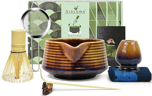 Artcome Matcha Tea Set – Japanese Matcha Kit with Bamboo Whisk, Pouring Spout Bowl, Scoop, Sifter, Holder & Manual