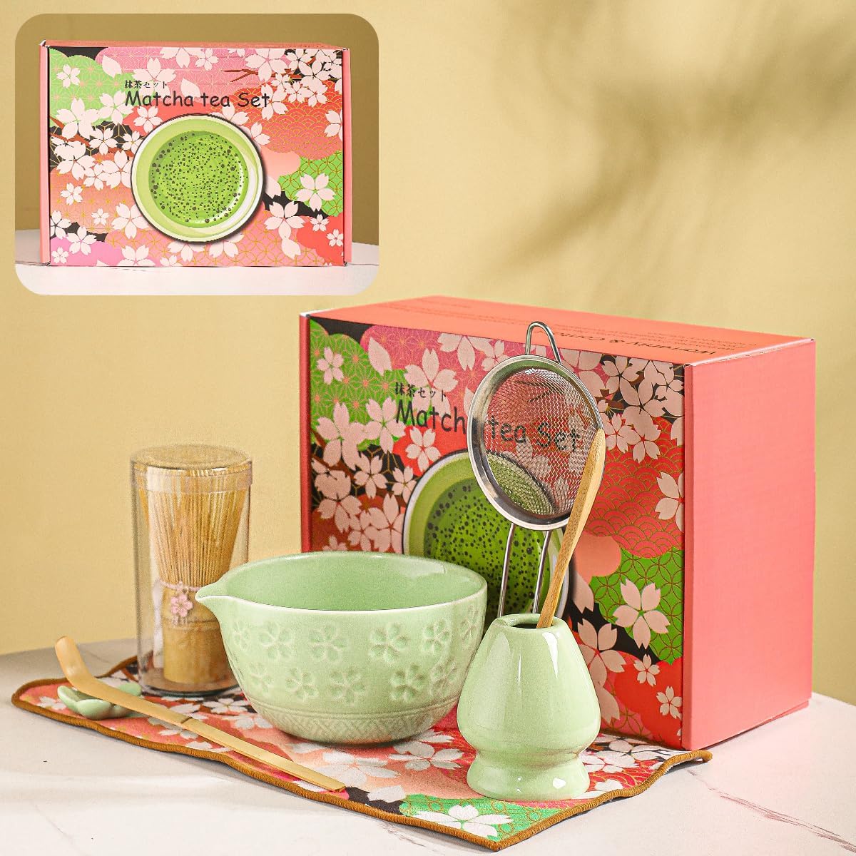8-Piece Matcha Ceremony Set - Tea Kit with Cherry Blossom Bowl, Bamboo Whisk, Wood Scoops, Tea Cloth &amp; Floral Display - Gift-Ready Pink Cherry color box (green)