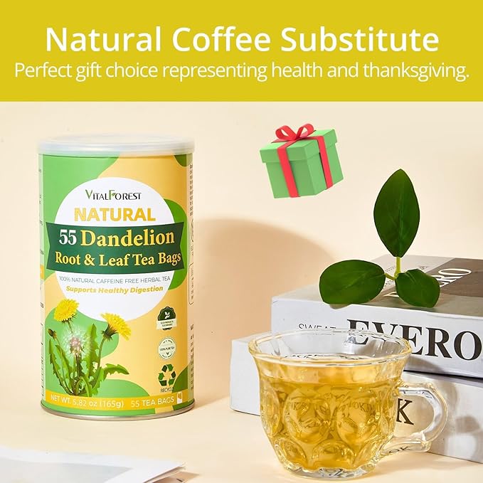 55 Dandelion Tea Bags, 3g/Bags 5.82oz, VitalForest Natural Dandelion Leaf and Root Tea, Dried Dandelion Root Tea Leaves, Caffeine Free