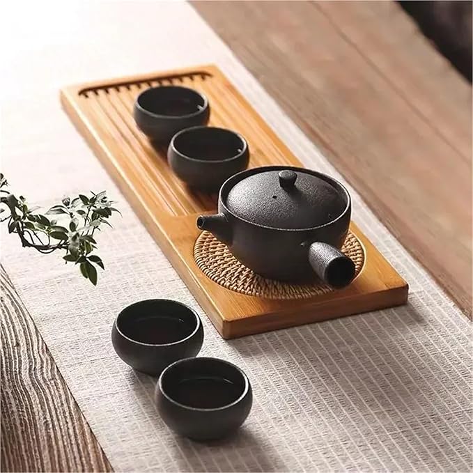Tea Tray Bamboo Wood Tea Tray, Tea Plate Accessories, Saucer Rattan Mat, Rectangle Serving Table Plate, Storage Dish for Hotel Gongfu Tea(S-34X12cm)