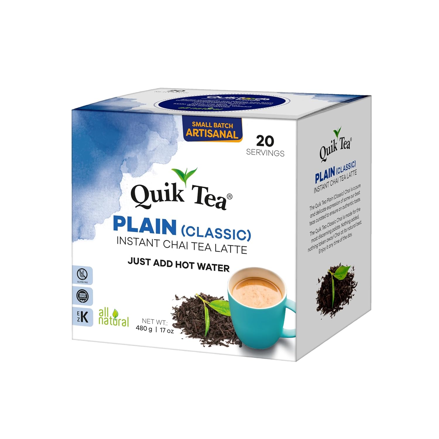 QuikTea Instant Plain Chai Tea Latte – 20 Count, pure chai taste, nothing more, nothing less, low Caffeine, No artificial colors, flavors or preservatives – Just Add Hot Water, Kosher, non-GMO