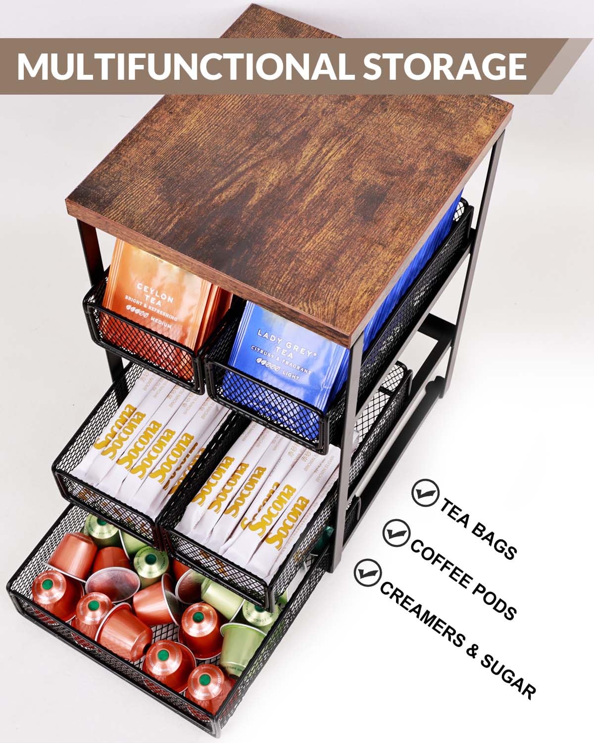 IntreLife Tea Bag Organizer with 5 Drawers, Wooden & Metal Tea Storage Organizer for TeaBags, Coffee Pods, Creamers & Sugar –