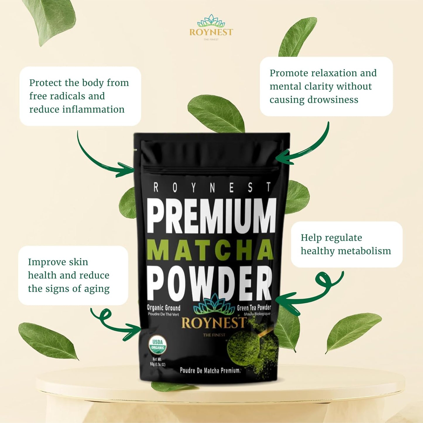 Roynest Premium Certified Organic Matcha Powder – 100% Pure Matcha for Iced Lattes, Smoothies, Cold Drinks & Baking - Clean Energy, Vegan, Non-GMO,- 50g Resealable Pouch