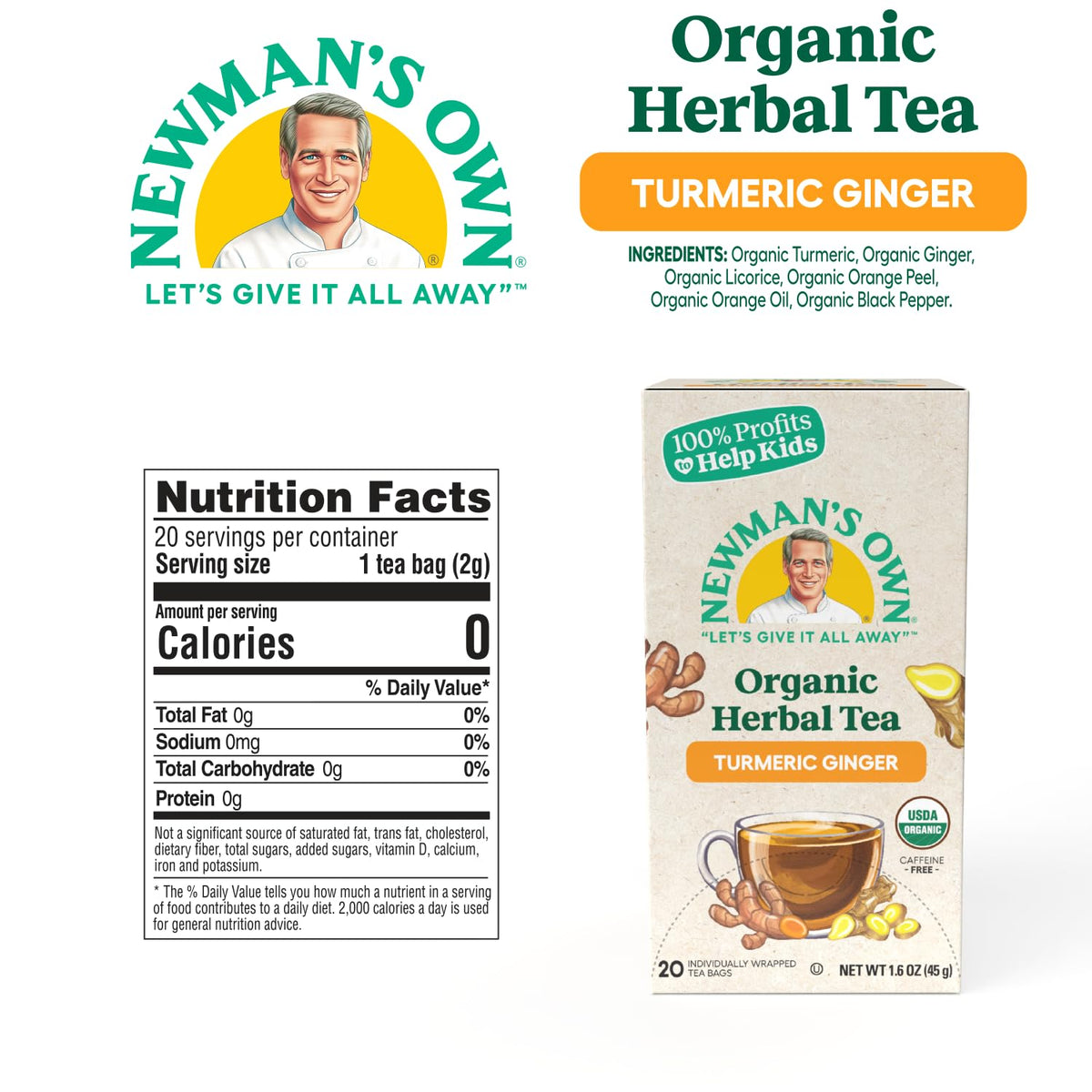 Newman's Own Organic Turmeric Ginger Herbal Tea, Caffeine-Free, Savory & Spicy Flavors Combined For The Perfect Cup Of Tea, 6