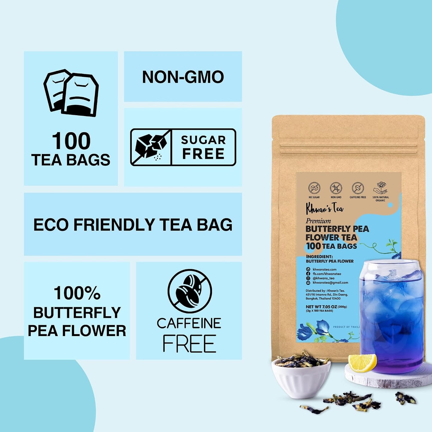 KHWAN'S TEA Organic Butterfly Pea Flower Tea Bags, 100 Count | USDA Organic butterfly pea flower, color-changing blue herbal tea, whole-flower, caffeine-free, vegan, Thai-grown, 100 ct