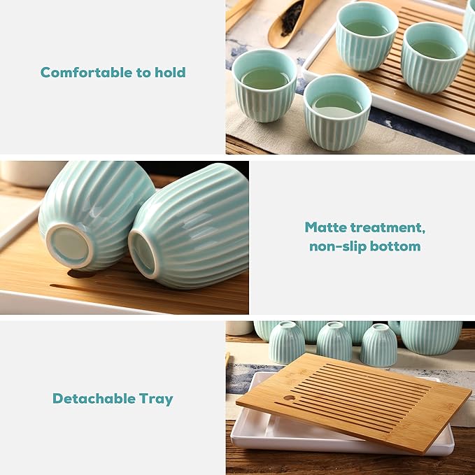 Dujust Japanese Tea Set, Cyan-blue Porcelain Tea Set with 1 Teapot Set, 6 Tea Cups, 1 Tea Tray, 1 Stainless Infuser