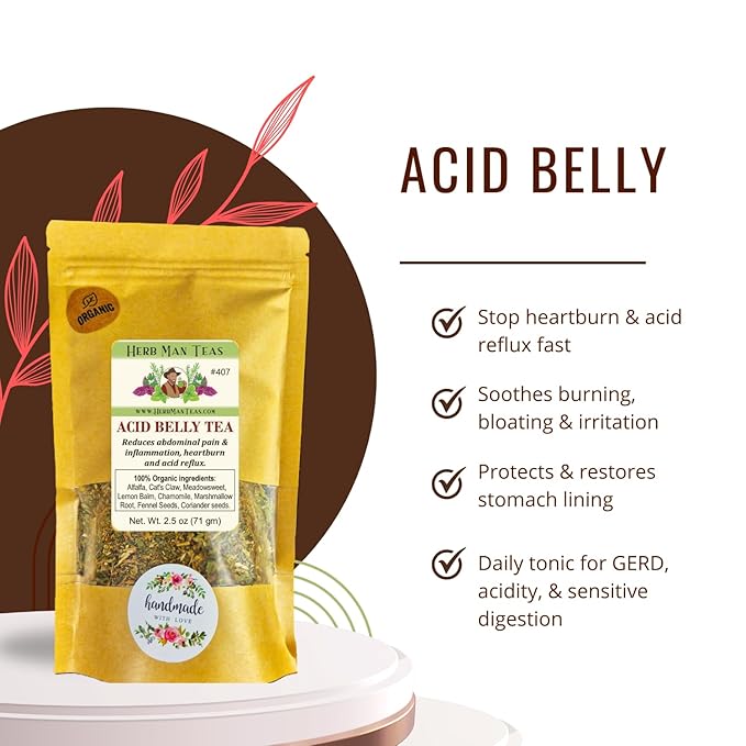 ACID BELLY TEA – Organic Herbal Blend for Digestive Comfort – Helps Ease Occasional Heartburn, Acidity, and Stomach Pain – Formulated by Master Herbalist Khabir – Non-GMO, No Additives