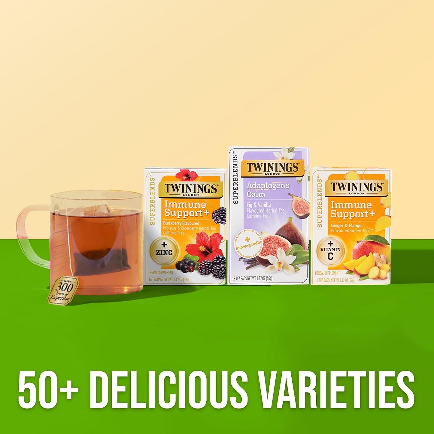 Twinings Adaptogens Calm Ashwagandha Fig &amp; Vanilla Tea Bags 18 CT (6 Pack) | Herbal Blend with Chicory Root, Rooibos, Naturally Caffeine-Free, 108 Foil Lined Individually Wrapped Bags, Enjoy Hot or Iced