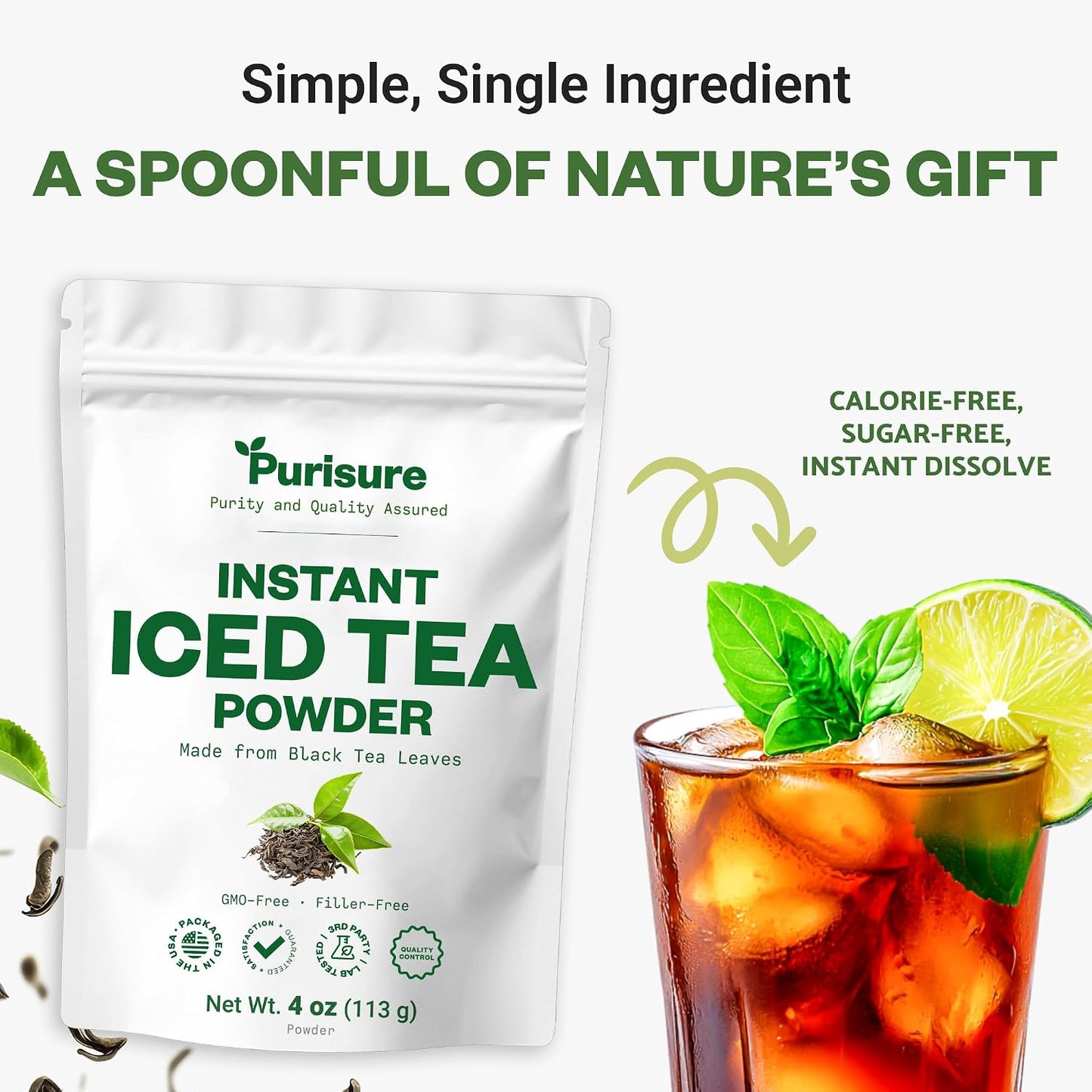Purisure Unsweetened Instant Black Iced Tea Powder – Made from Real Tea Leaves, No Lemon Flavor, Sugarless, Zero- Calories, Dissolves in Cold Water, Makes Up to 220 plus Servings, 4 oz